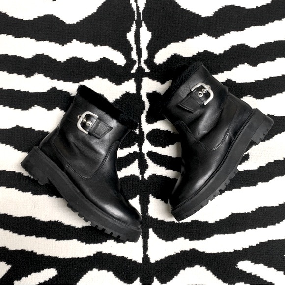 Zara Shoes - Zara Leather Moto Biker Boots Faux Fur Lining Platform Lug Soles Size 37